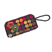 Coconut Shell Beaded Wristlet Bag Crochet Mesh Brown Colorful Floral Double Zip