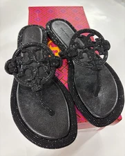 Tory Burch Women's Miller Pave Logo Thong Sandals Perfect Black US Size 9.5