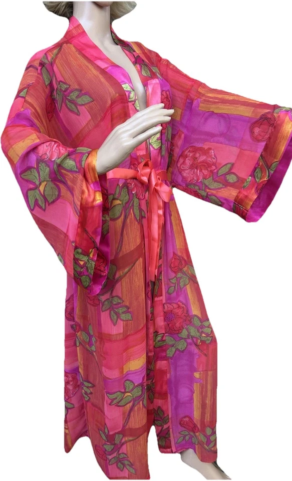 Bata/Vestido Maxi de Lujo de Satén Solange Sx 3X-22/28 Naranja Rosa Floral Diosa Robe Foto 3 de 4