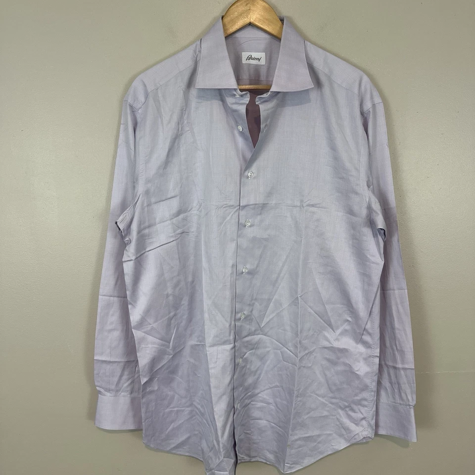 Brioni Purple Glen Plaid Button Up Dress Shirt Italy Made Men 17.5 44 Read - Image 2 of 4