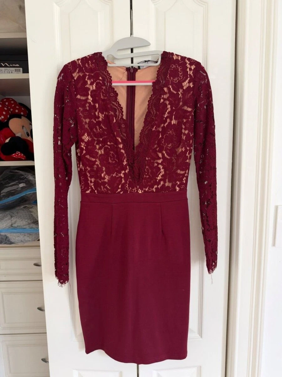 lace long sleeve bodycon dress in maroon Red Dresses for Women FESTIVE