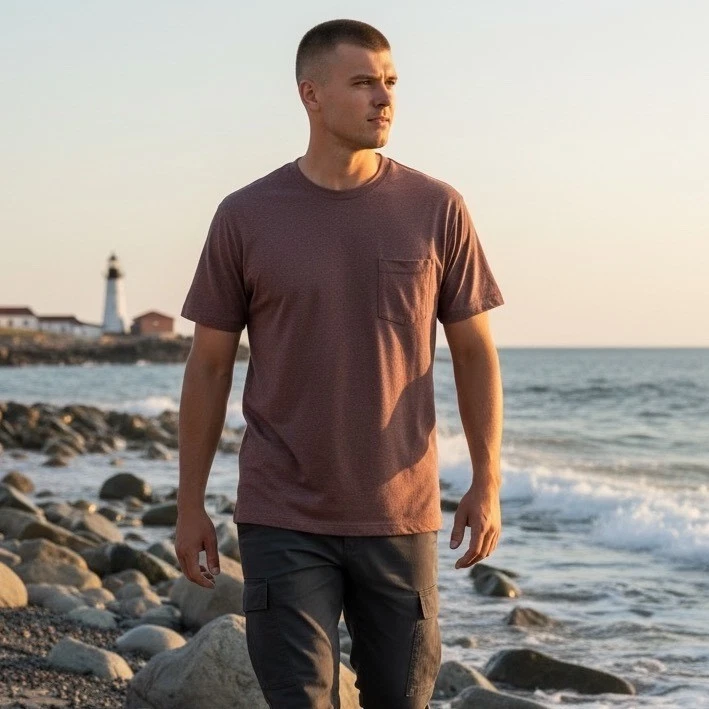 Vuori Current Tech Tee Mens Small Mahogany Heather Short Sleeve Pocket T-Shirt