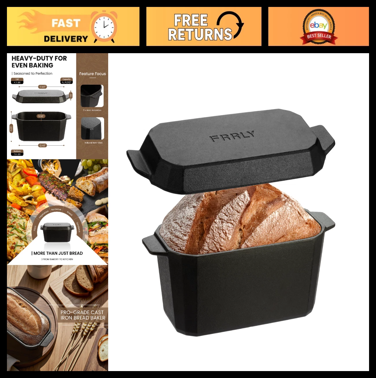 Pre-seasoned Cast Iron Bread Loaf Pan with Lid, 10x5 Inch Sourdough Baking Dish