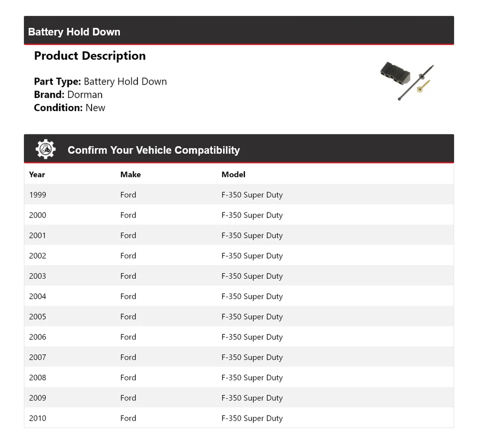 Retención de batería para Ford F-350 Super Duty Dorman 1999-2010 2000 2001 2002 2003 Foto 2 de 4