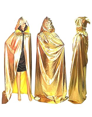 GOLD SHINY Victorian Gothic Historic Steampunk Pirate Hooded Cape Cloak Costume 