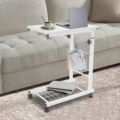 Height-Adjustable Side Table with Wheels for Bed and Home Office Use