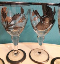 RARE 4 Vintage Sterling Silver Etched Wine Glasses with Bird and Leaves 925