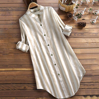Lady Cotton Linen Shirt Dress Button Down Stripe Loose Retro Kaftan Maxi  Dresses | eBay