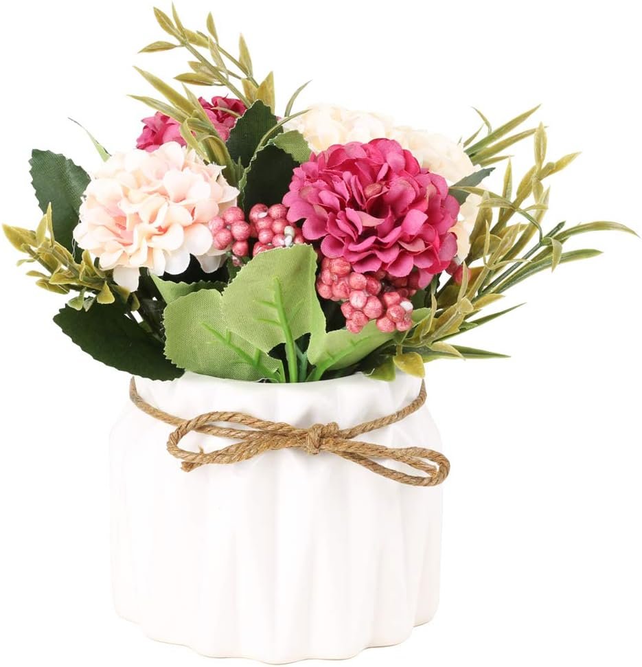 Artificial Hydrangea Bouquet in Small Ceramic Vase Silk Fake Flower Decor