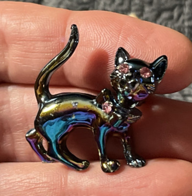 So Cute! Blue Black Cat Pin w Pink Rhinestone eyes. His head moves! Gift