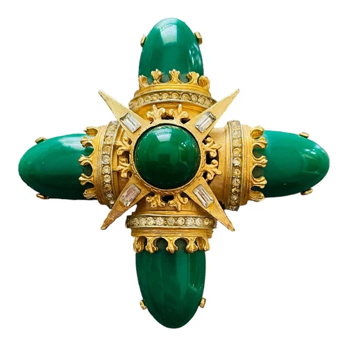 VTG Women’s Capri Green & Gold Tone Cross Brooch Pin Statement Costume Jewelry
