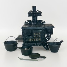 Vintage 1950's Miniature Queen Cast Iron Stove Set Dollhouse Pots Pan, More