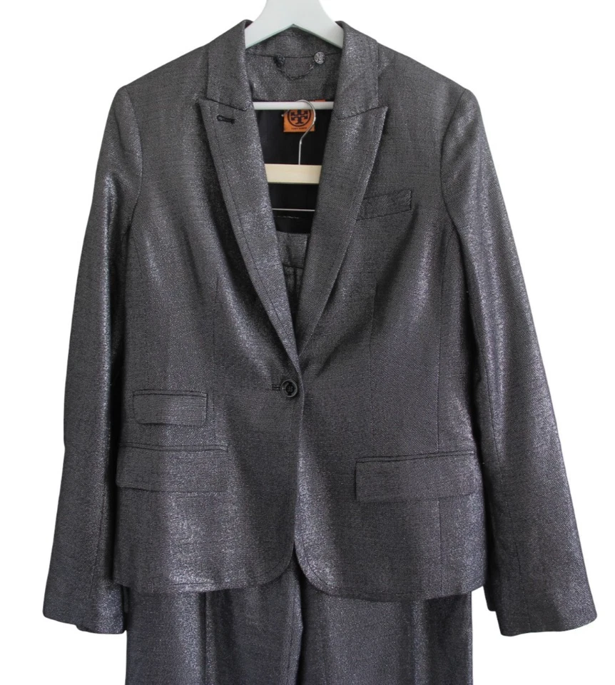 Traje Pantalón Tory Burch Talla 8/10 Chaqueta Pantalones Gris Metálico Brillante 2 Piezas Conjunto Foto 2 de 4