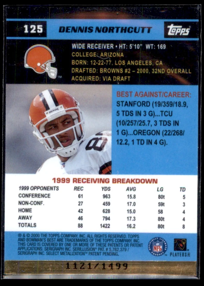 2000 Bowman's Best Refractor Dennis Northcutt RC 1121/1499 Cleveland Browns #125 - Image 2 of 2