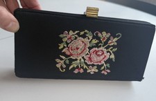 Small Black Clutch Purse with Floral Petit Point Decoration - 1940s