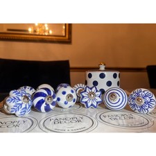 Drawer Knobs Vintage Style Hand Painted Ceramic Knobs, Blue Floral Set of 10