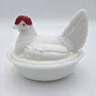Vintage Westmoreland Hen White Milk Glass Nest Candy Dish Lidded White Red Comb
