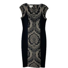 Donna Morgan black tan stretchy lace floral bodycon midi evening wedding dress 4