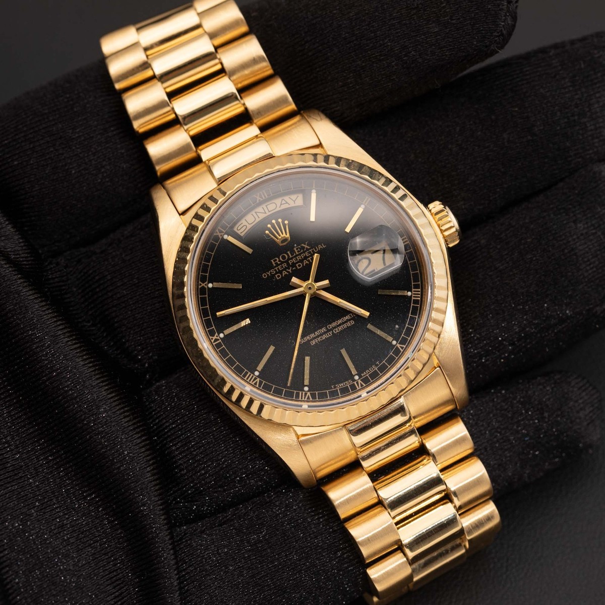 Rolex President 36mm Day-Date 18038 Black Dial Yellow Gold Watch