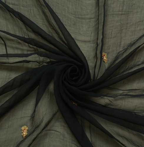 Sushila Vintage Black Dupatta Pure Chiffon Silk Hand Beaded Long Stole Scarves - Picture 9 of 10