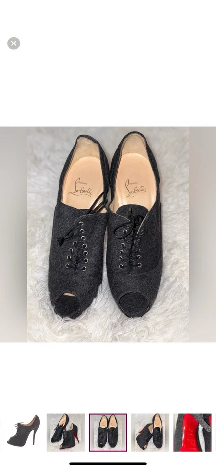 Botines Christian Louboutin Gris Oscuro Tela Franela Dama Punta abierta Con Cordones Talla Foto 4 de 4