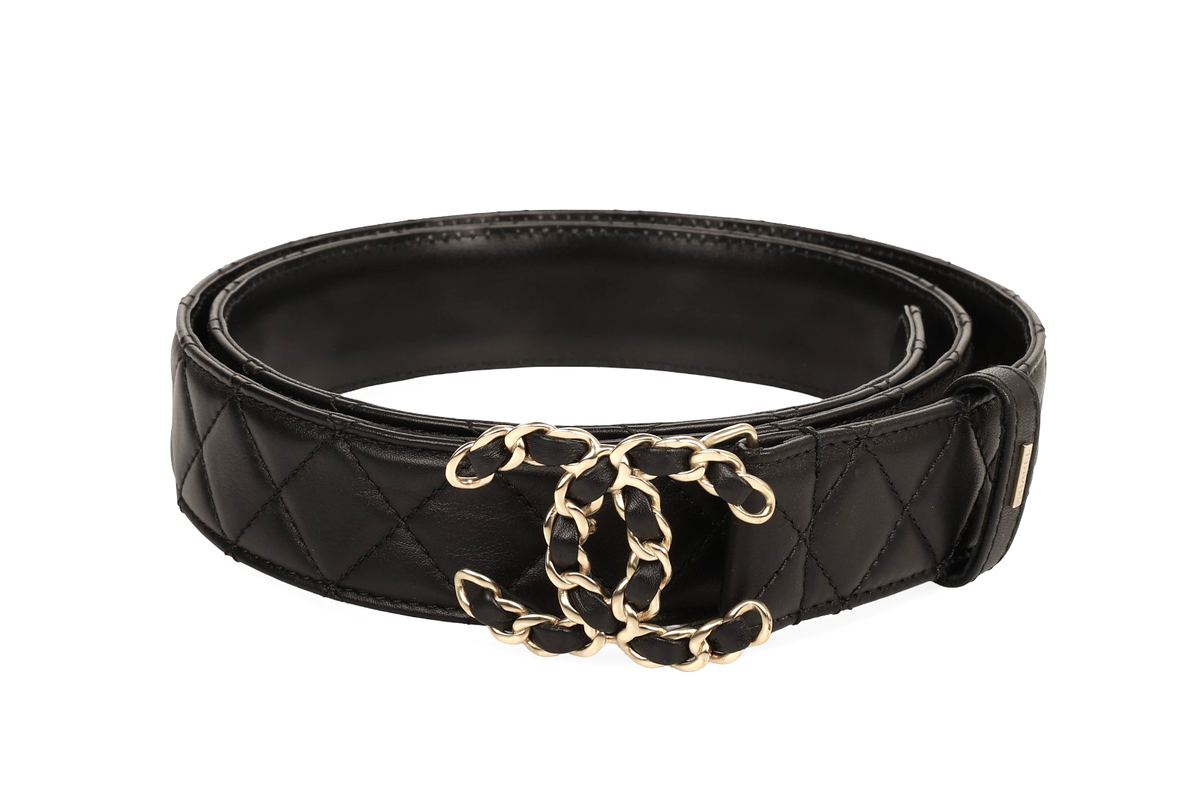 CHANEL Black Quilted Leather Belt pale Gold CC Logo Interlocking