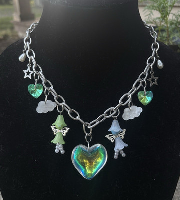 Handmade Green Heart Necklace Fairy Cloud Star Pearl Charm Stainless Steel