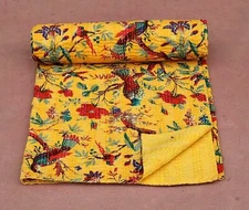 Indian Handmade Floral Kantha Quilt Reversible Bedspread Cotton Coverlet