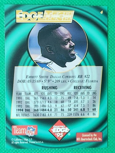 1995 Collector's Edge EdgeTech PRISM GREEN #4 Emmitt Smith HOF Dallas Cowboys - Picture 2 of 3