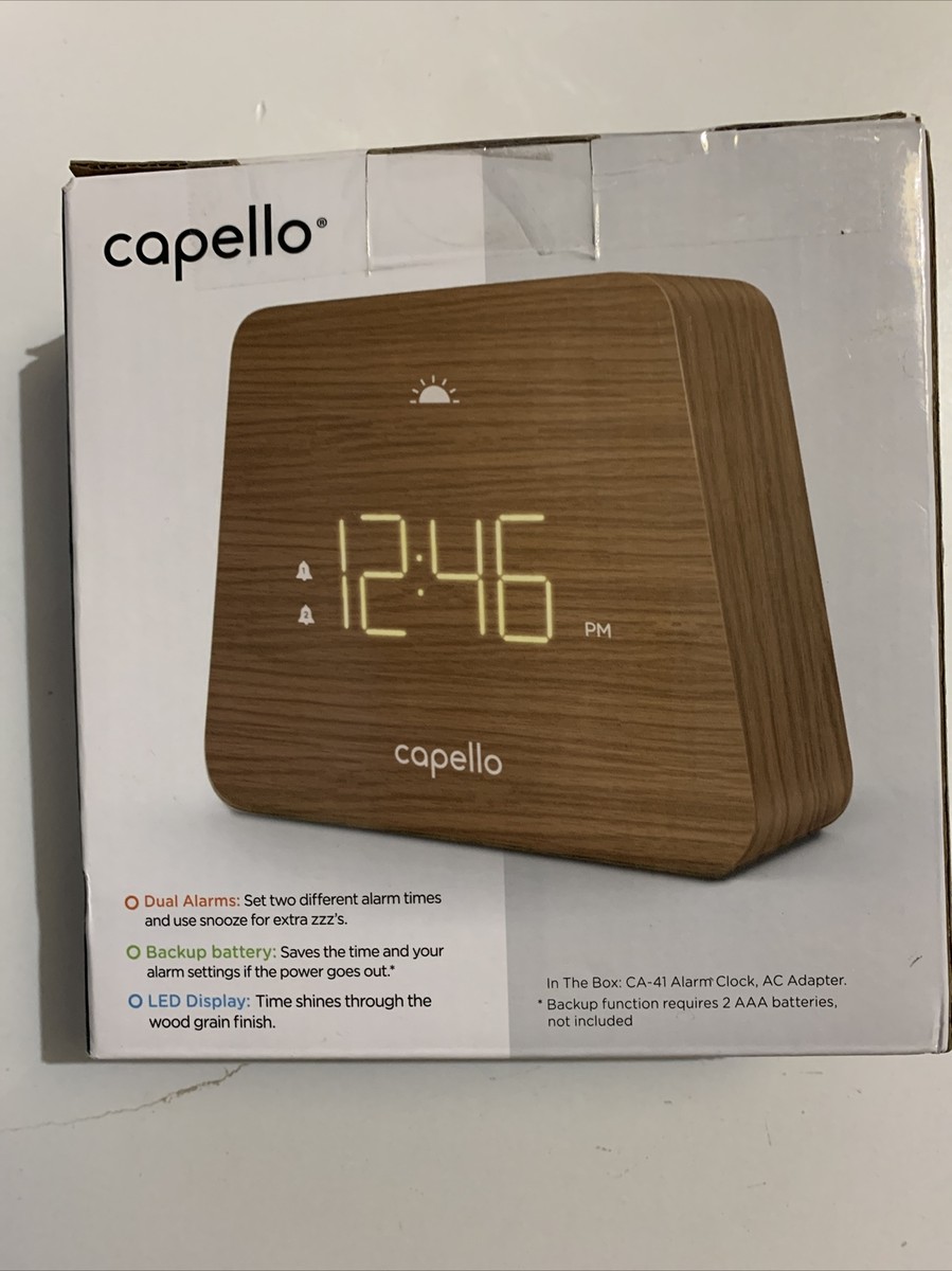 Capello Modern Mantle Clock Dual Alarm Woodgrain Finish LED