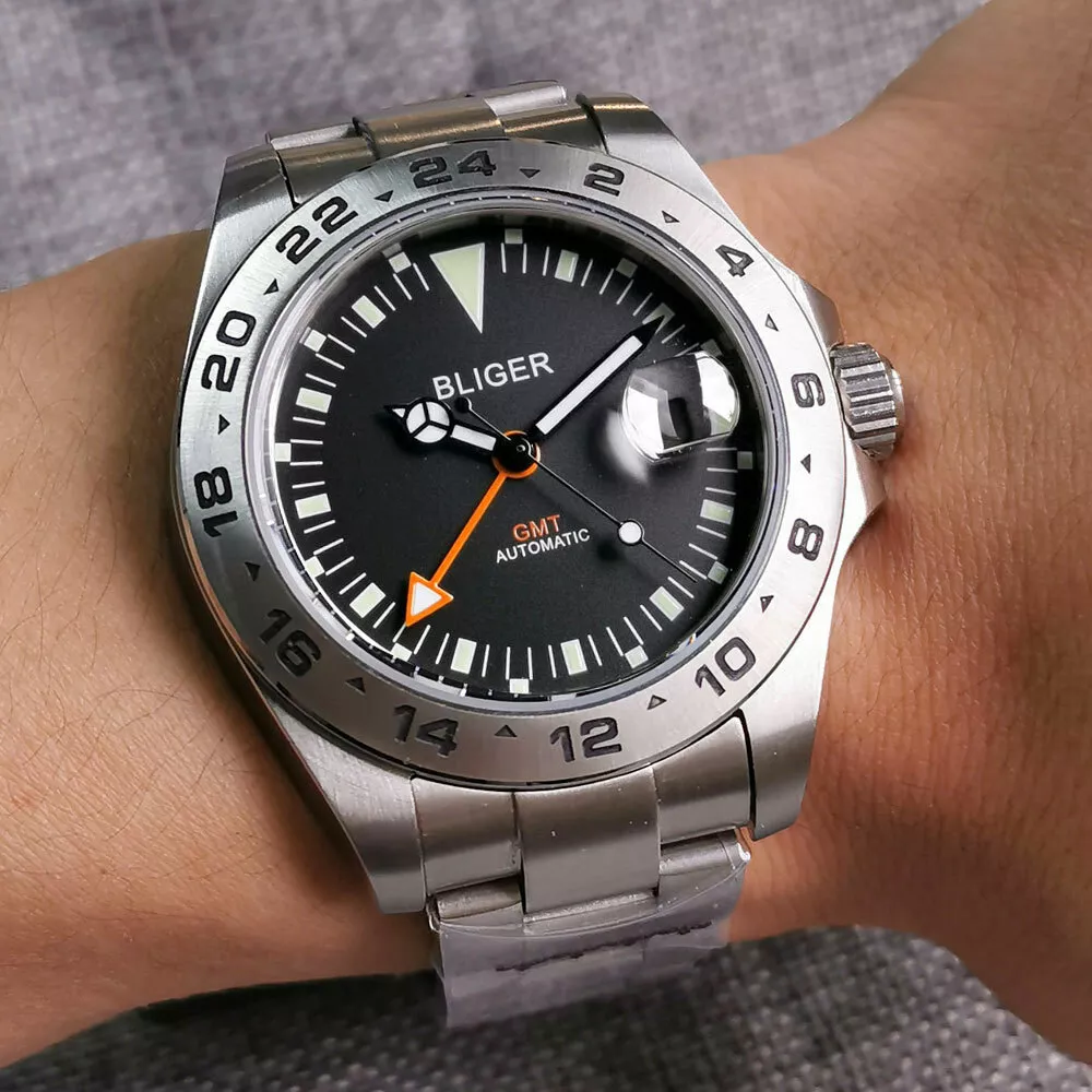 43mm GMT Sapphire Automatic Men s Watch Date Cyclops Black Dial