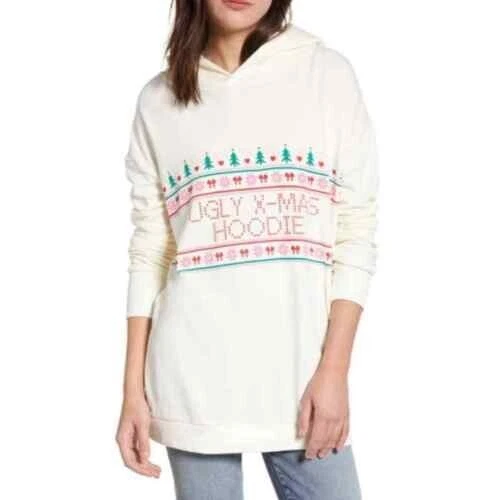 OFF WHITE Felpa con cappuccio Wildfox donna piccola brutta XMas Natale grafica donna avorio