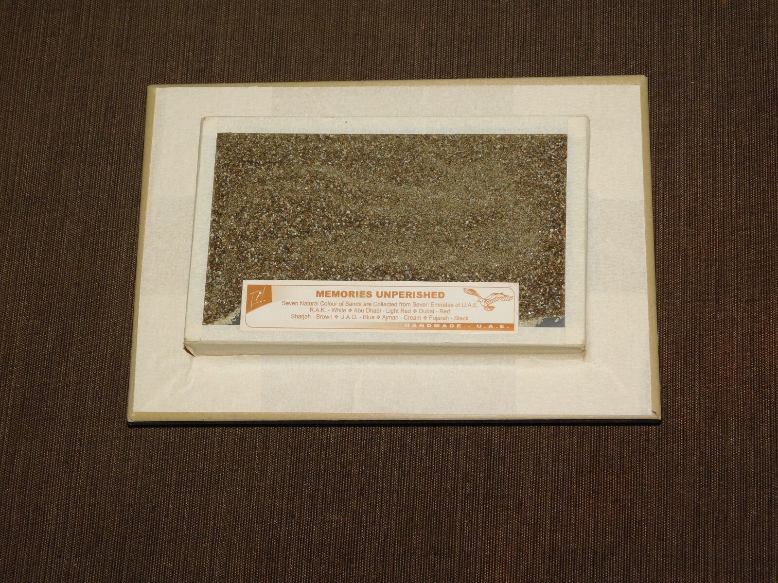 VINTAGE HANDMADE  7" X 5" U. A. E. SAND FROM 7 EMIRATES CAMELS FRAMED SOUVENIR