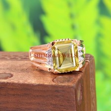 Nat&uuml;rlich Zitrone Quarz Edelstein Mit 18K Vergoldet Silber Ring f&uuml;r Herren #209