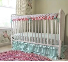 Tushies and Tantrums Boutique Crib Bedding Set Arrow Theme New Aqua/ Coral  $315
