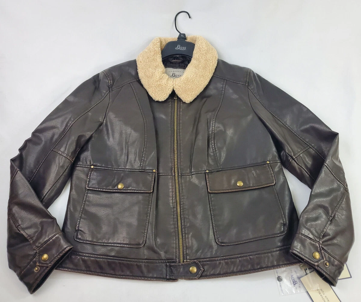 new G.H. BASS CO women pilot jacket pockets brown removable faux