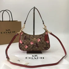 COACH CY694 Teri Shoulder Bag Signature Canvas Cherry Print Tan Brown Outlet New