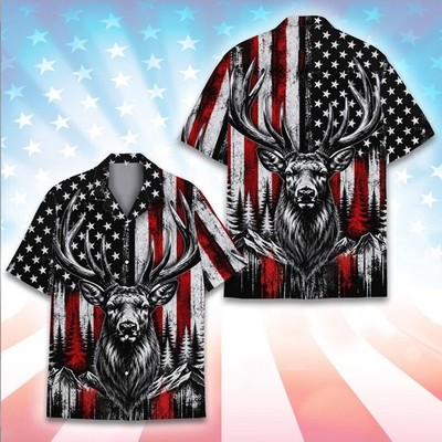 Patriotic Deer American Flag Hunting Buck Pine Tree Summer Hawaiian Shirt