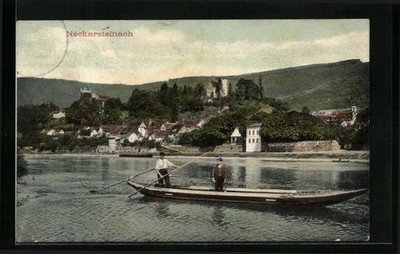 Neckarsteinach, Ansichtskarte, Gondelfahrt vor der Ortschaft 1910 