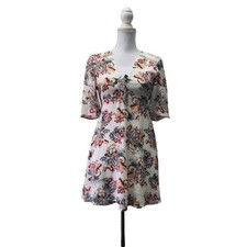 Love Fire White Mini Dress w Orange & Black Floral Flowers Key Hole Tie Front