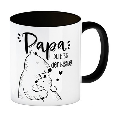 Papa Bär Geschenk Geburtstag Kaffeebecher in schwarz mit Spruch Papa du bist