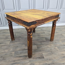 Retro Vintage Indian Carved Hardwood Square Dining Table – Rustic Sheesham Wood