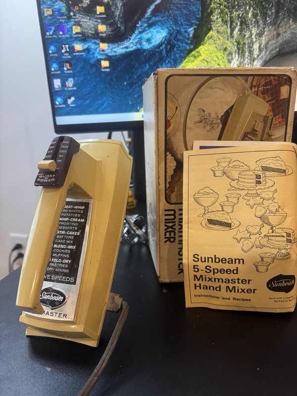 Vintage Sunbeam Mixmaster 5-Speed Hand Mixer w/ Original Box & Manual (1970s)