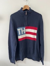 Tommy Hilfiger USA Flag Sweater Mens XL Navy Blue Logo Knit Quarter Zip Stain
