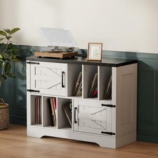 39 Inch Farmhouse Record Player Stand with Barn Doors 450 Albums Storage White