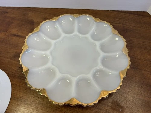 Vintage Anchor Hocking Milk Glass Egg Tray w/ Scalloped Edge