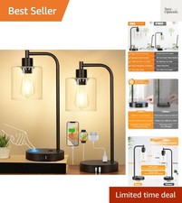 Set of 2 Industrial Touch Control Table Lamps with USB C A Ports and AC Outle...
