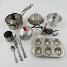Vtg Toy Cookware Tin Pans 1950s Aluminum Silverware Germany Betty Taplin Beater