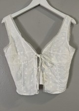 White Eyelet Tie Front Crop Top Cottagecore Coquette Boho Lace Trim Small