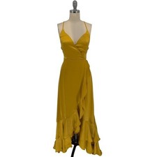 01407 Lulus Ruffle Satin Wrap High Low Dress Yellow size XSmall bohemian wedding